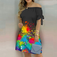 sukienki midi pasy Kobiety Off Shoulder letnia Mini sukienka Sexy krótki rękaw muszka w paski w kratę kwiatowy Print linia Party krótkie sukienki Vestidos 3